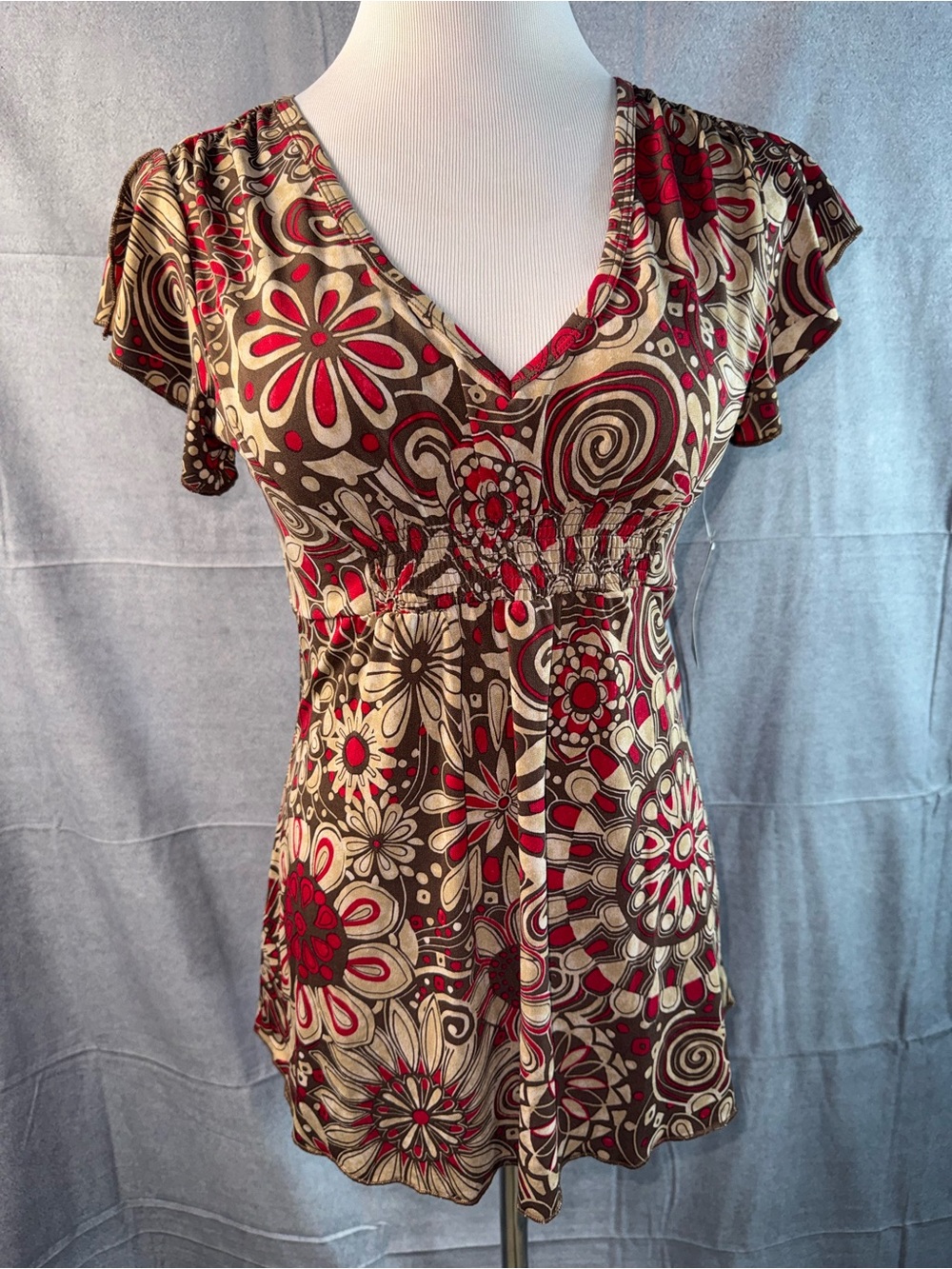 1417-Rampage Floral V-Neck Empire Tunic - Brown & Red